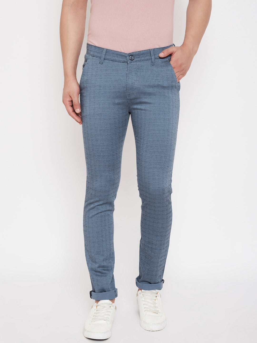 Blue Slim Fit Checked Trousers - Men Trousers