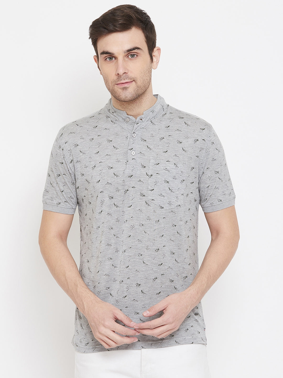 Grey Printed Mandarin Neck T-Shirt - Men T-Shirts