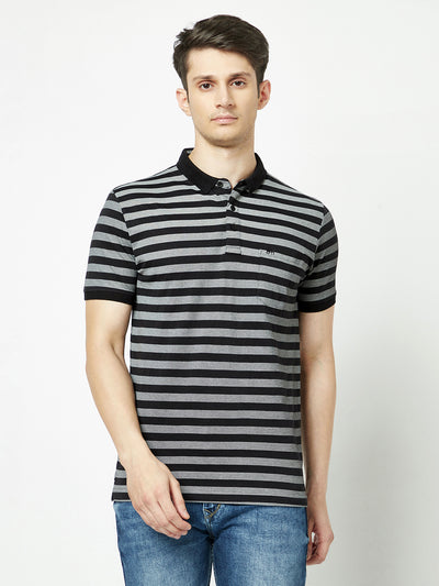 Striped Black-Grey Polo T-Shirt-Men T-Shirts-Crimsoune Club