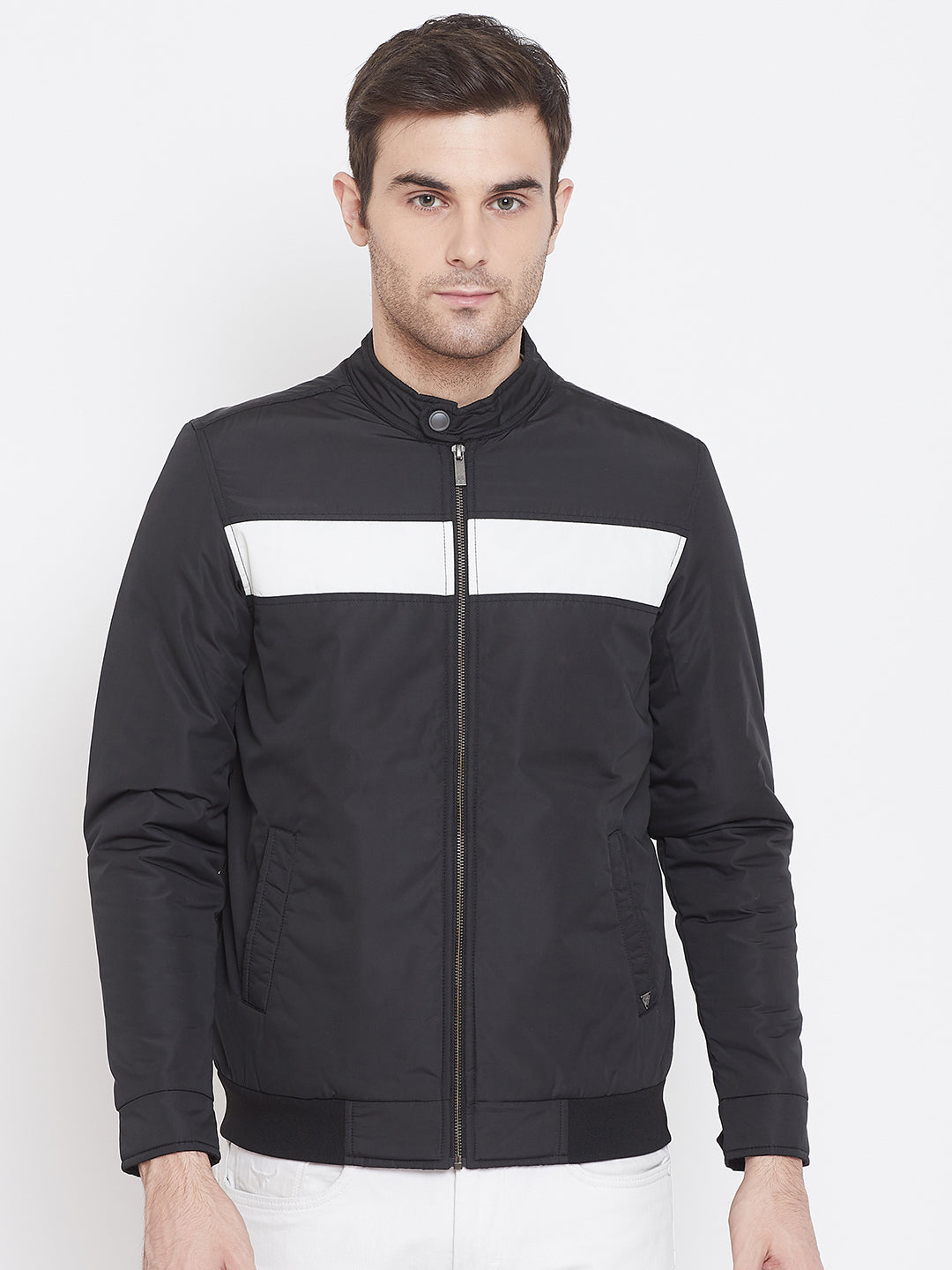 Navy Blue Printed Mock Neck Jackets-Mens Jacket-Crimsoune Club