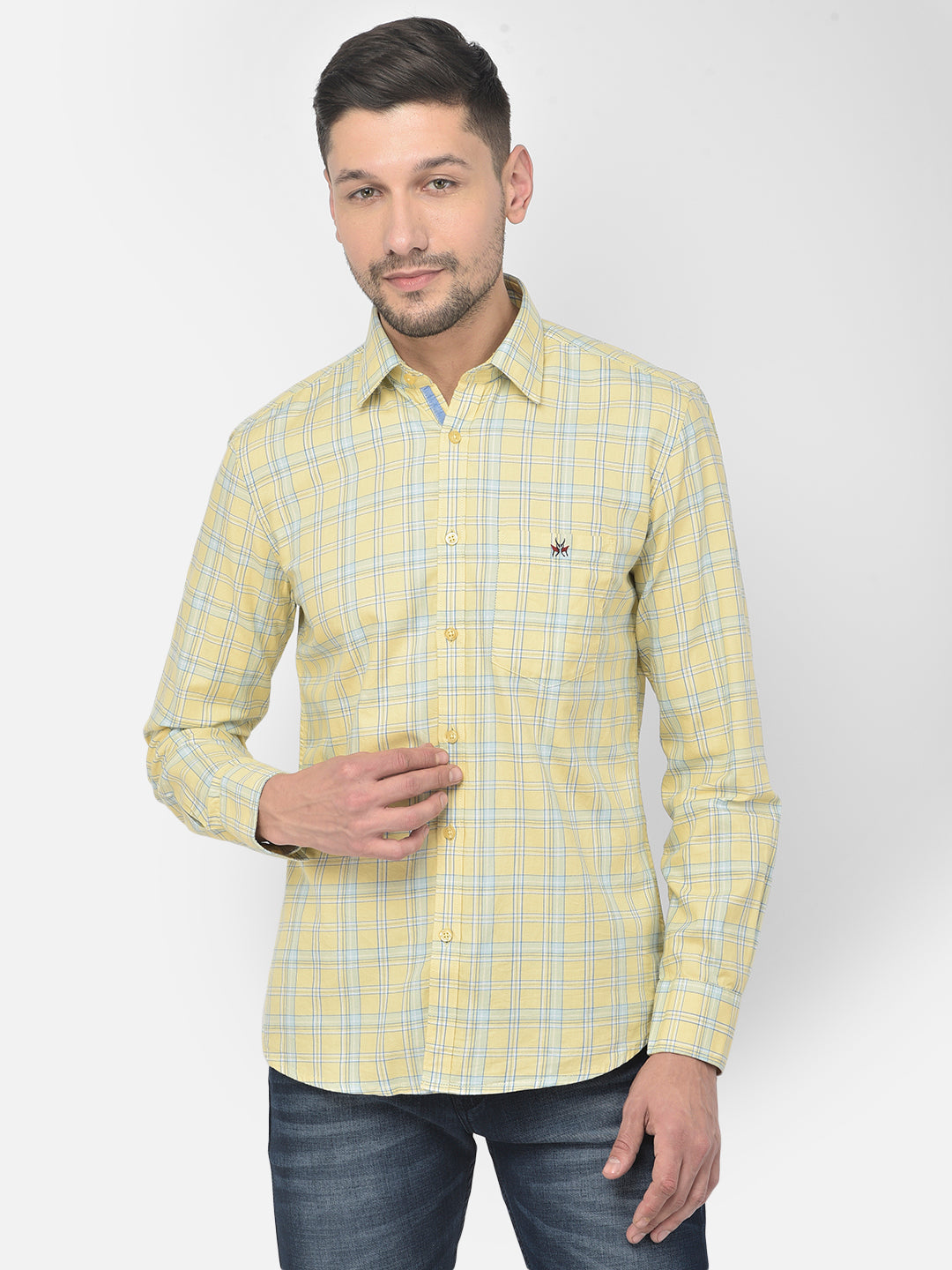 Yellow Checked Spread Collar Shirt - Men Shirts
