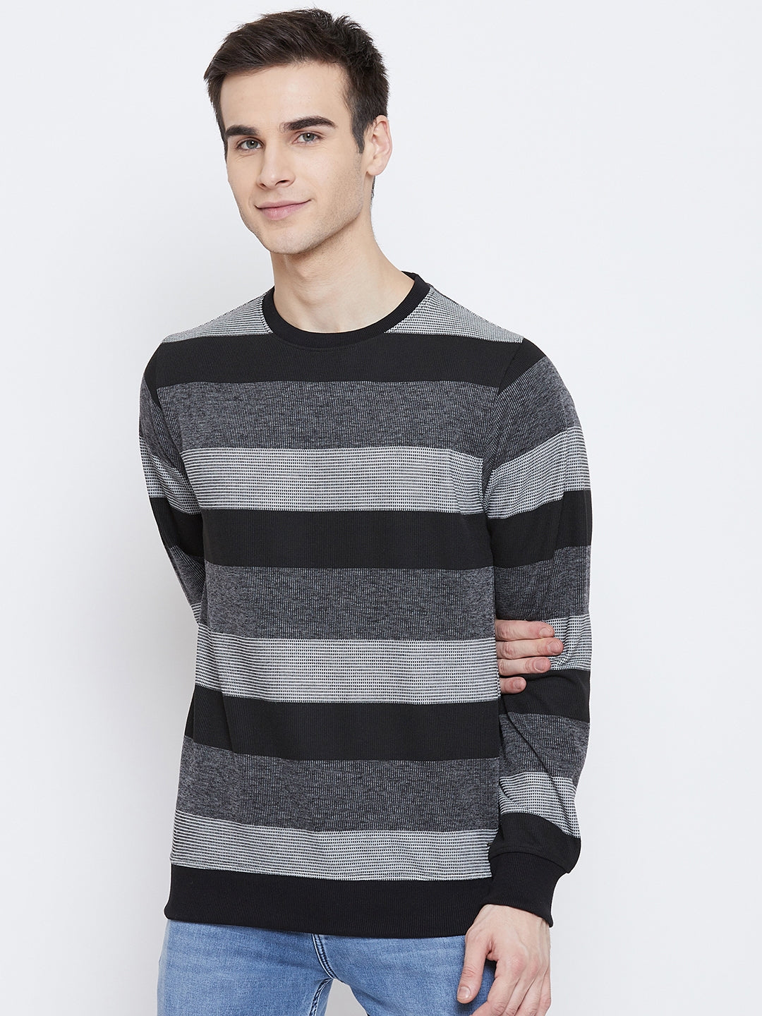 Black Striped Round Neck Sweatshirt - Men Sweatshirts