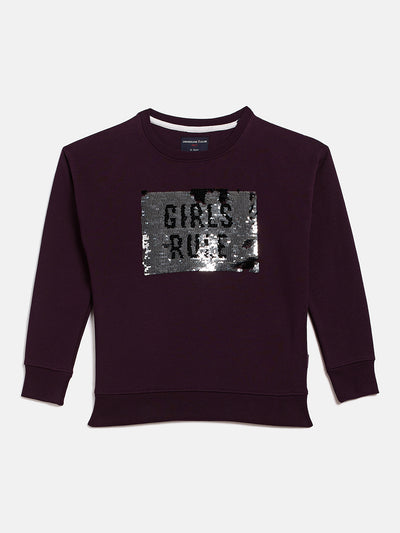 Purple Embellished Round Neck Sweatshirt - Girls Sweatshirts