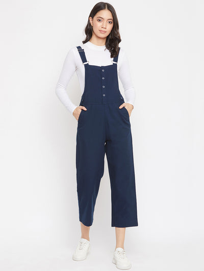 Navy Blue Solid Slim Fit Dungarees-Women Dungarees-Crimsoune Club
