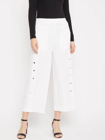 White Cotton Flared Trousers - Women Trousers