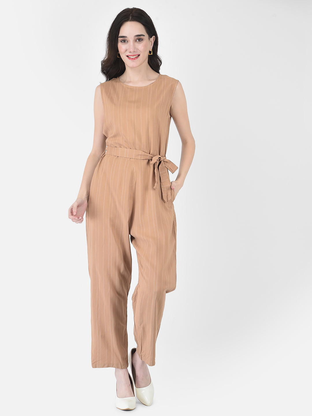 Khaki Striped Jumpsuit-Women Dungarees-Crimsoune Club