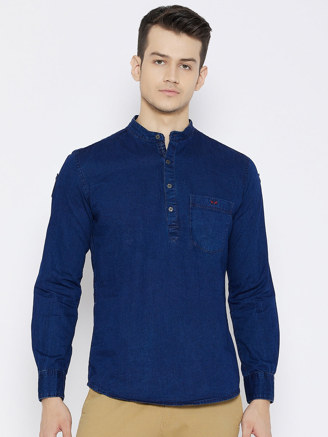 Navy Blue Slim Fit Denim Kurta - Men Kurtas