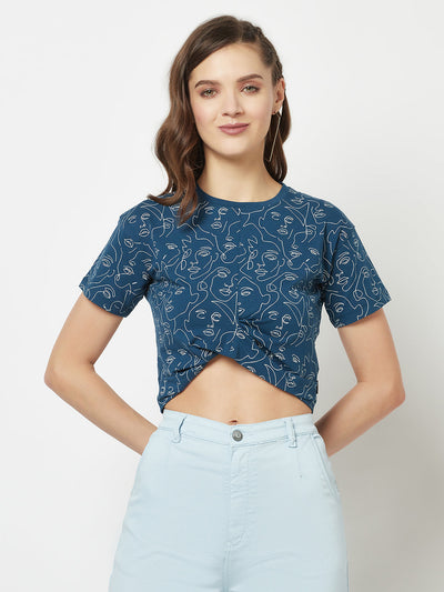  Blue Cropped One-Line Art Top