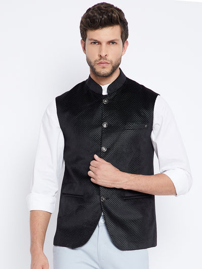 Black Printed Mandarin Waistcoat - Men Waist Coat