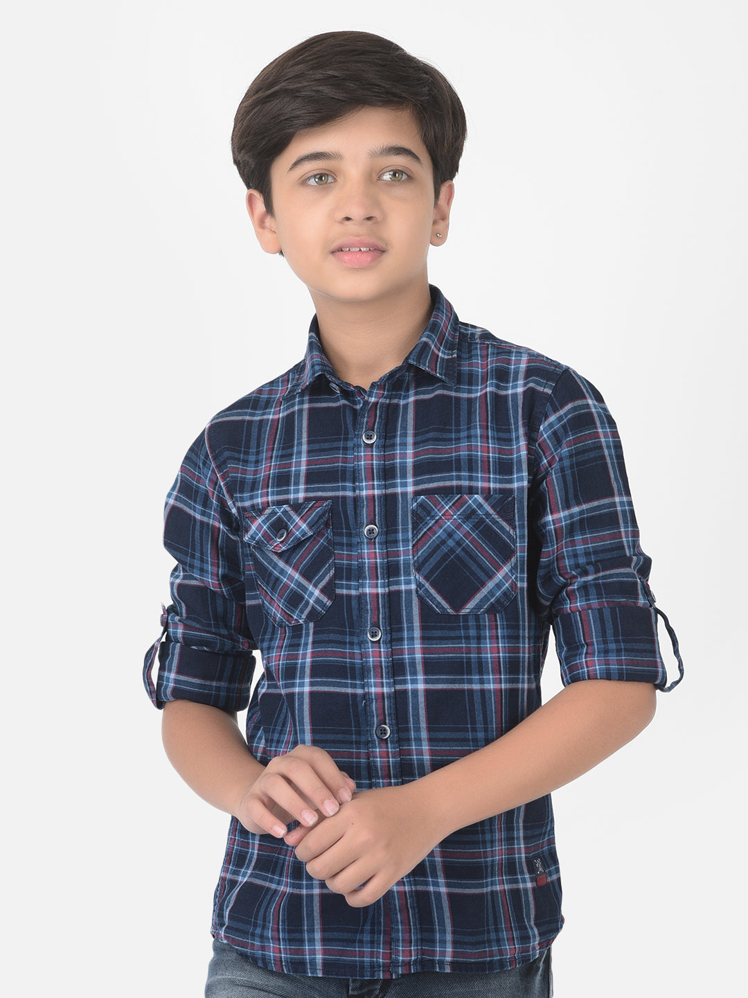 Navy Blue Multi Pockets Checked Shirt - Boys Shirts