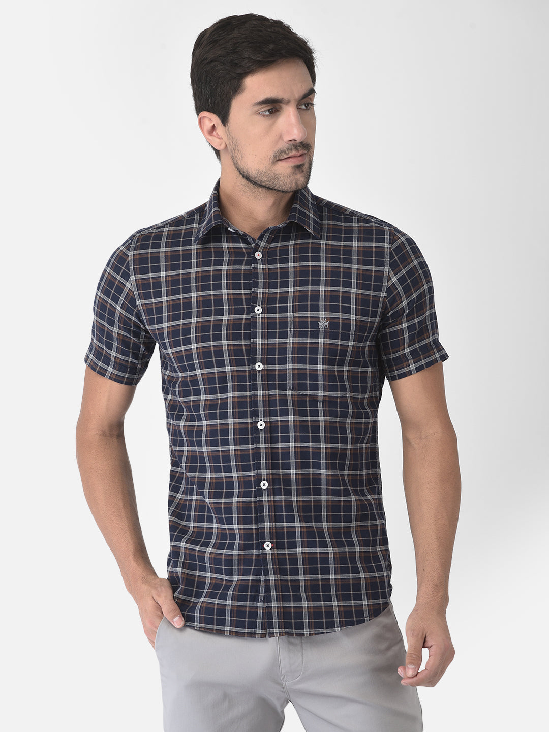 Checked Navy Blue Short Sleeves Shirt - Men Shirts