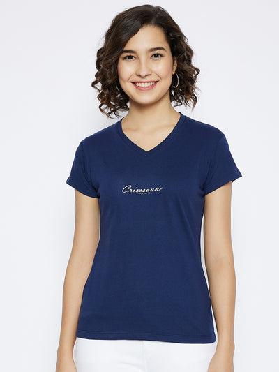 Navy Blue Printed V-Neck T-shirt - Women T-Shirts