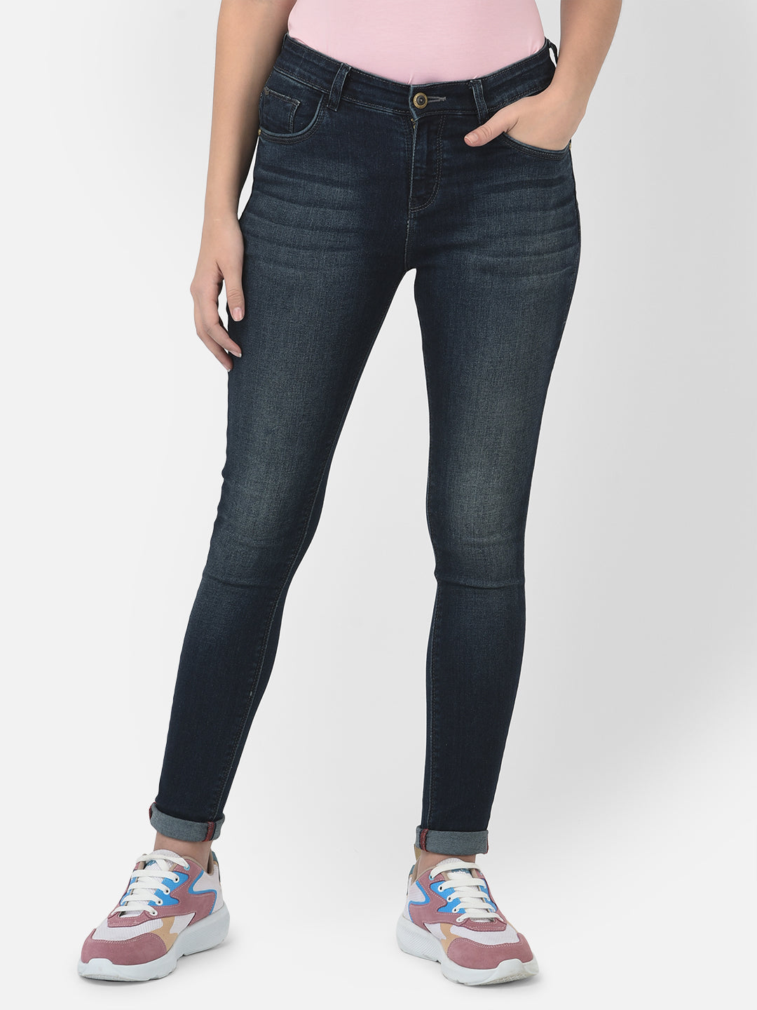 Blue Faded Jeans-Women Jeans-Crimsoune Club