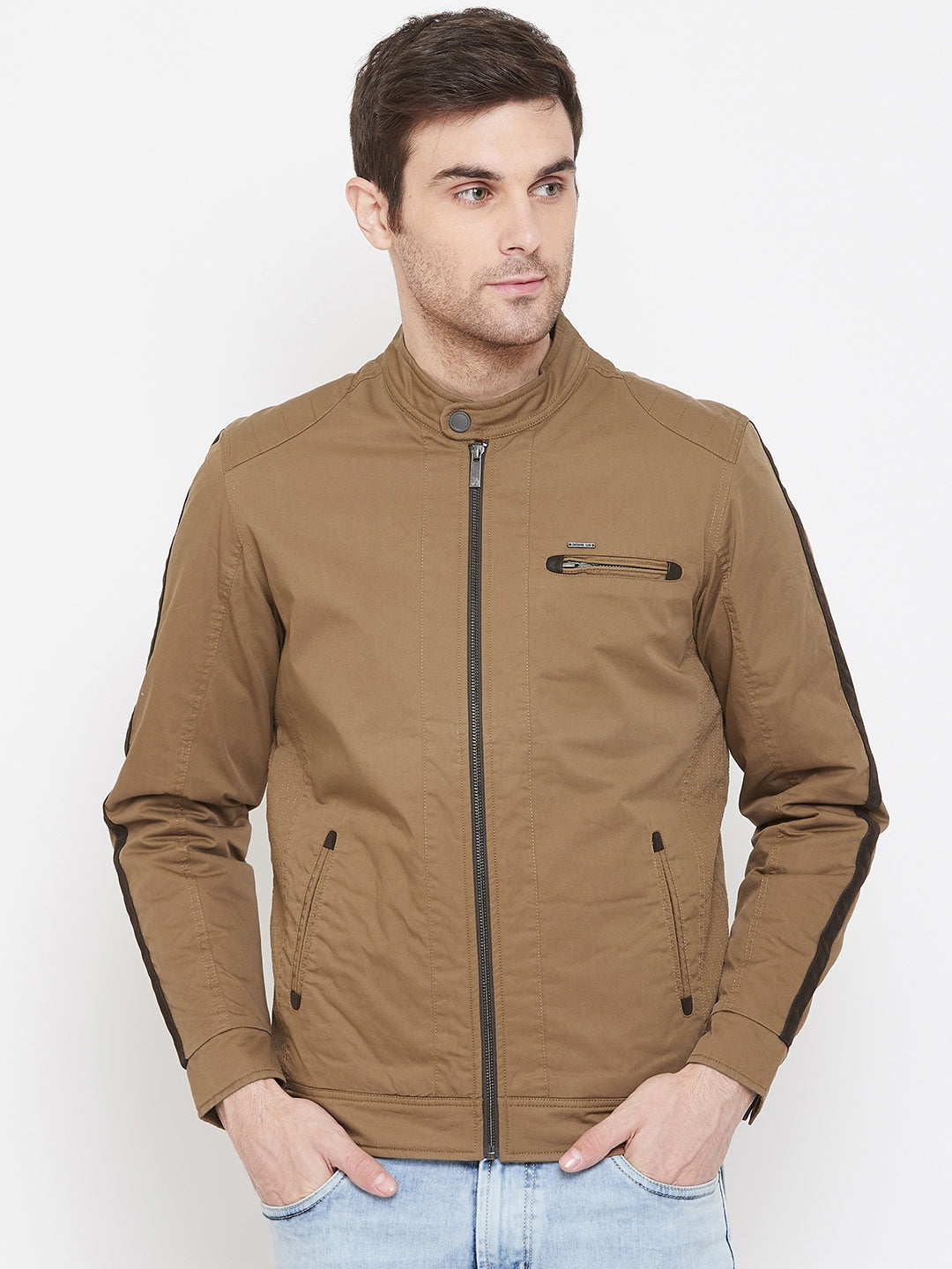 Brown Solid Mandarin Collar Jackets-Mens Jacket-Crimsoune Club