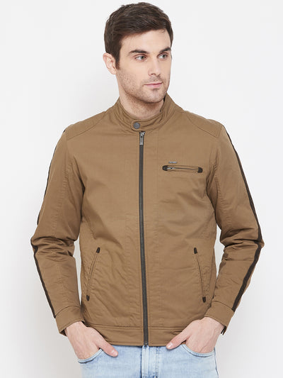 Brown Solid Mandarin Collar Jackets-Mens Jacket-Crimsoune Club
