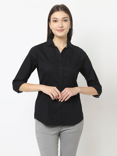 Black Button-Down Shirt in Cotton Blend 