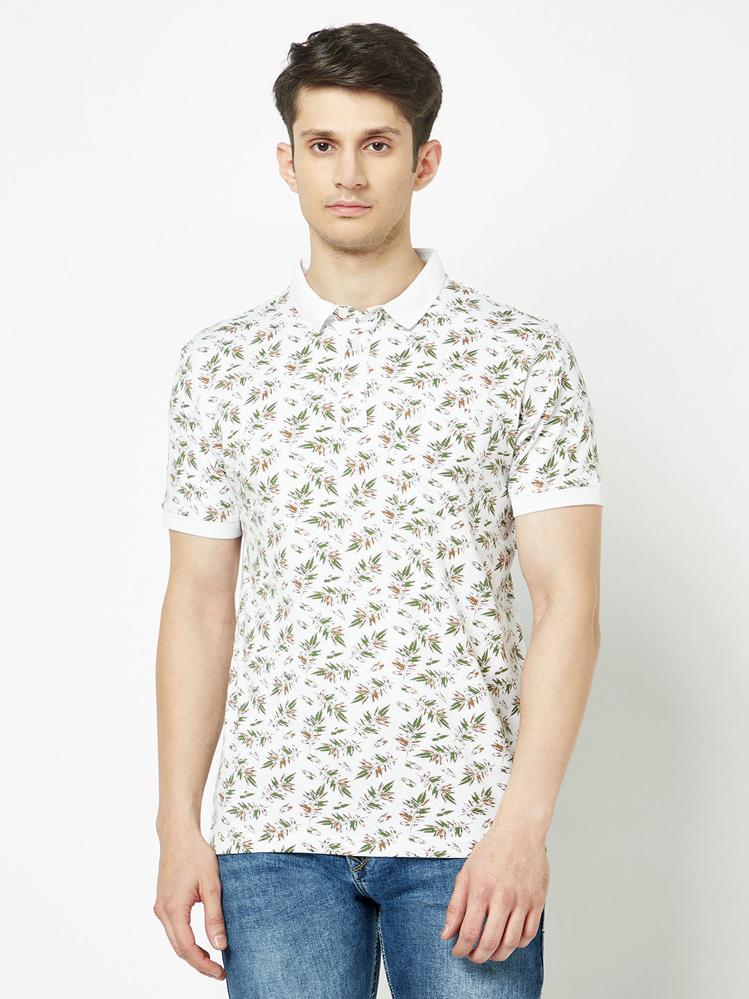  White Leaf-Print Polo T-Shirt