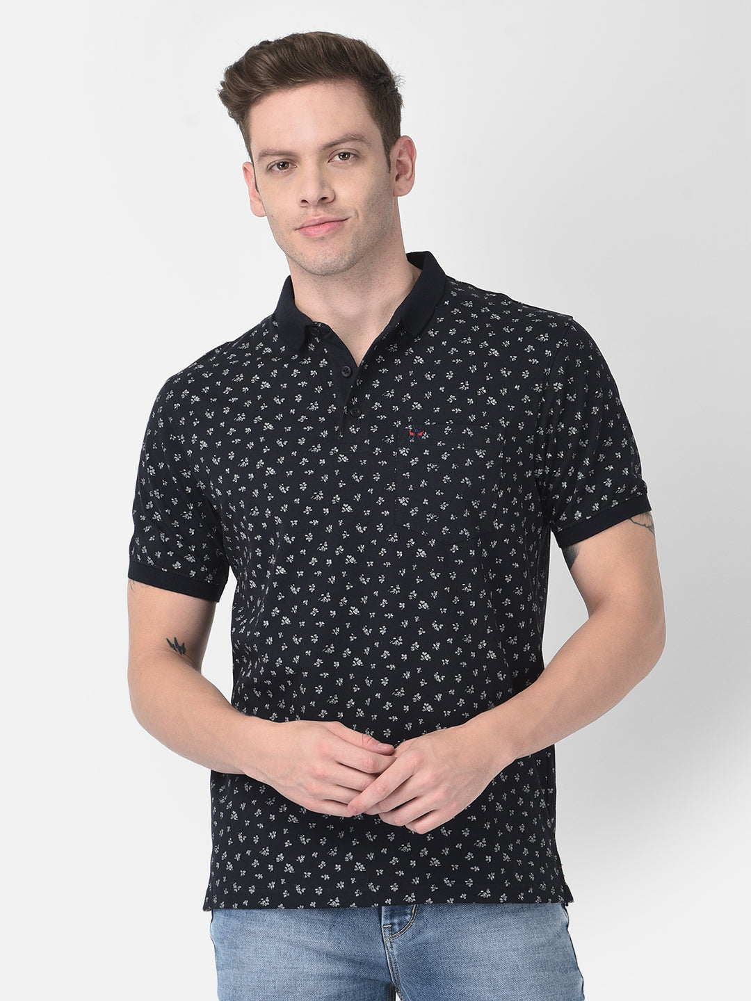 Navy Blue Floral Polo T-Shirt-Men T-Shirts-Crimsoune Club