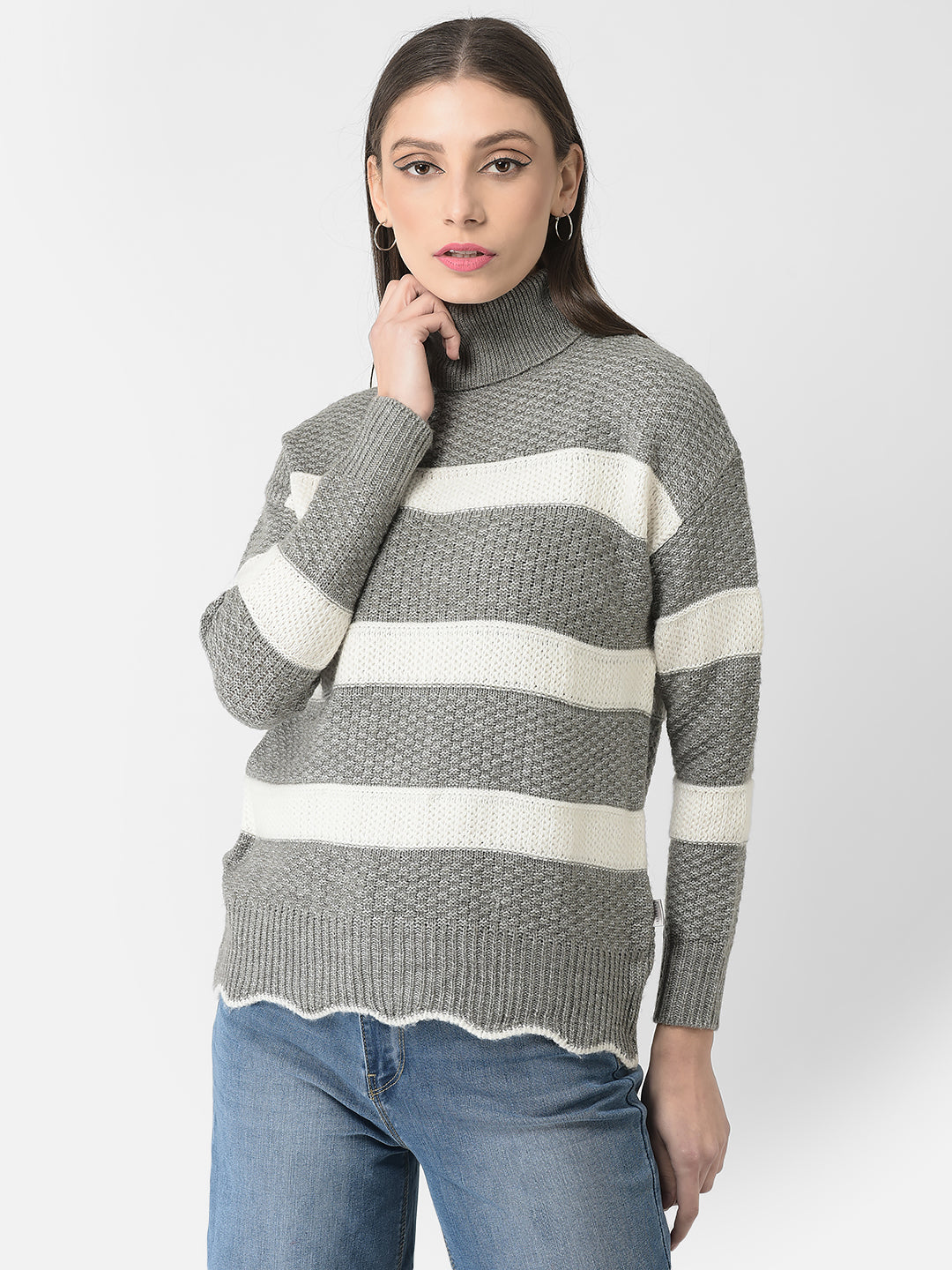  Grey Turtle-Neck Striped Sweater