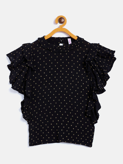 Black Printed Flared SleeveTop - Girls Tops