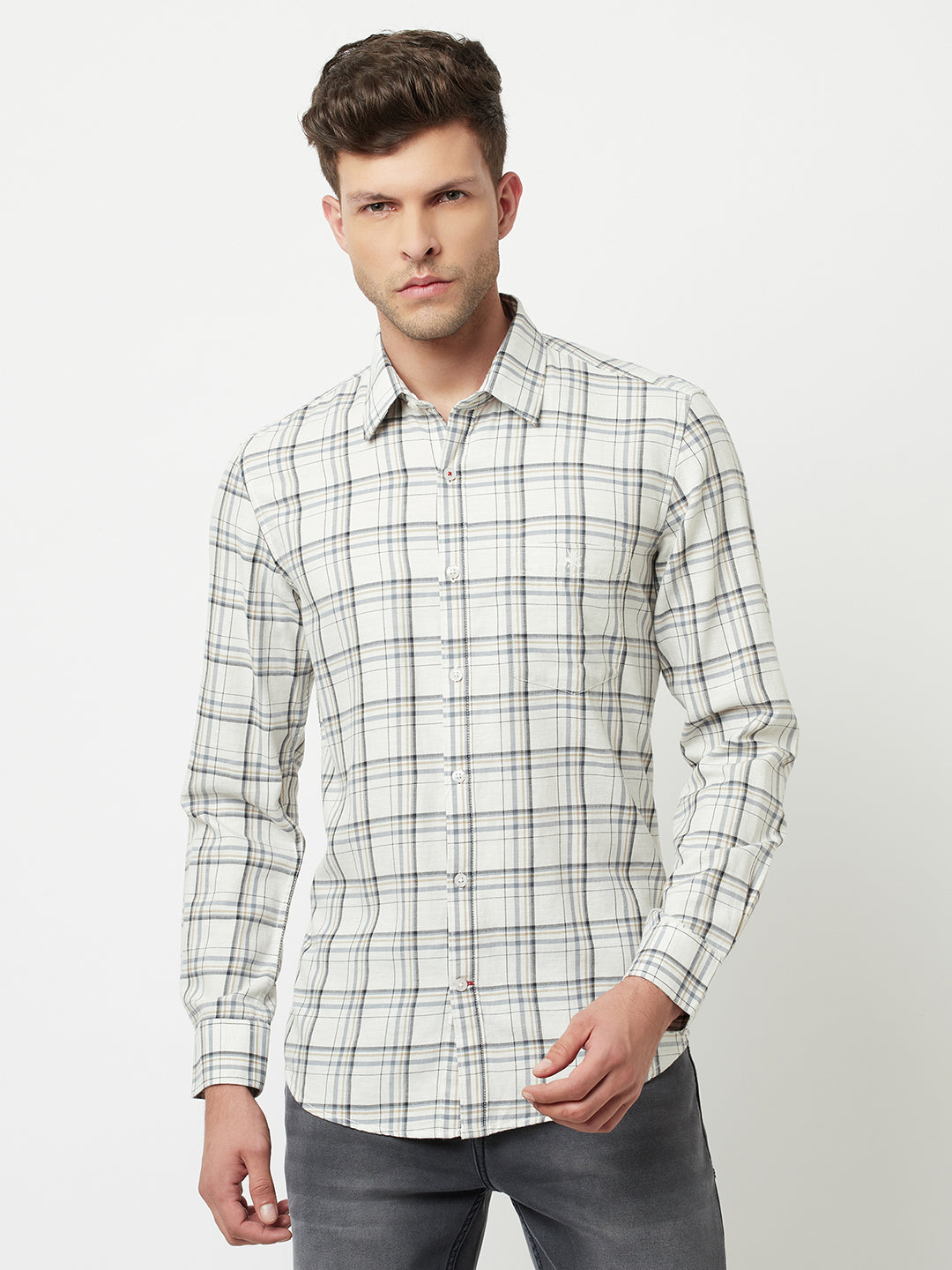 Cream Tartan Checked Shirt-Men Shirts-Crimsoune Club