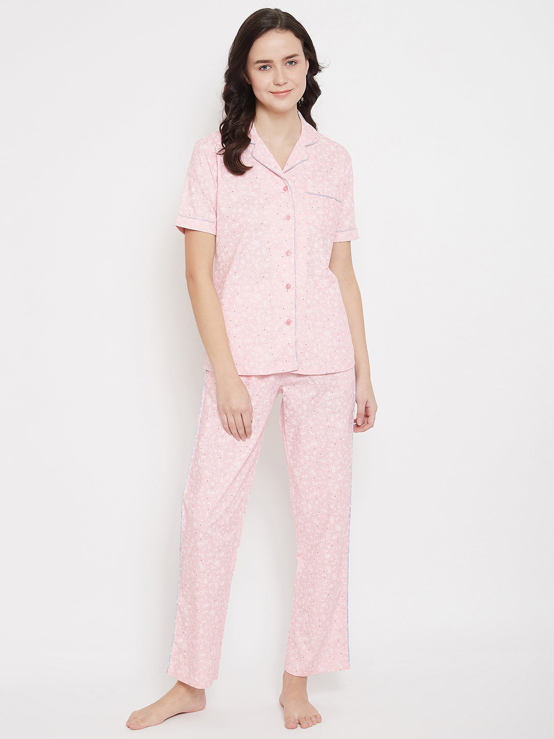 Pink Printed Slim Fit Night Suits - Women Night Suits