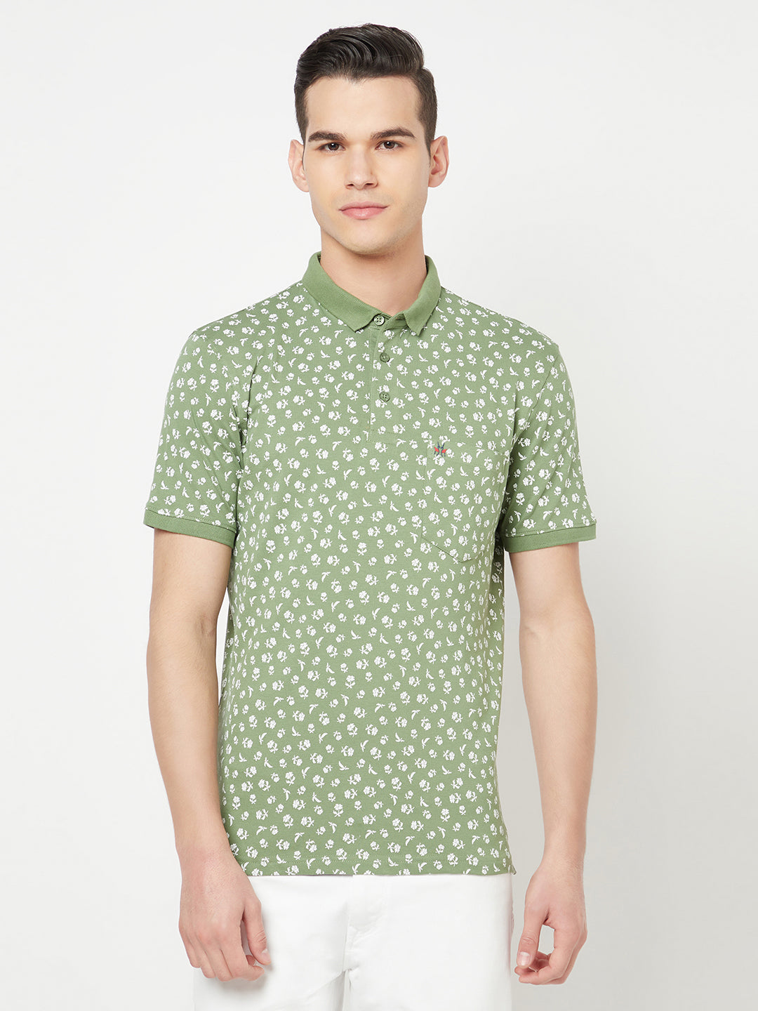 Green Floral Printed Polo T-Shirt - Men T-Shirts