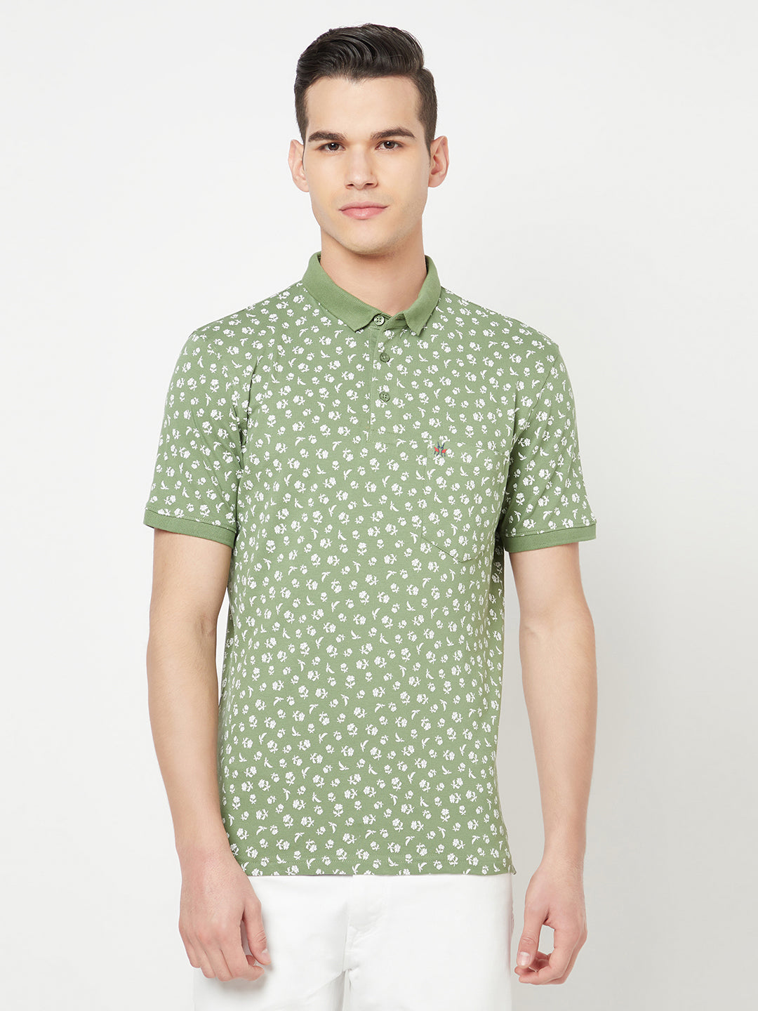 Green Floral Printed Polo T-Shirt - Men T-Shirts