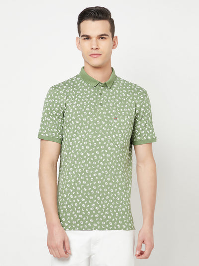 Green Floral Printed Polo T-Shirt - Men T-Shirts
