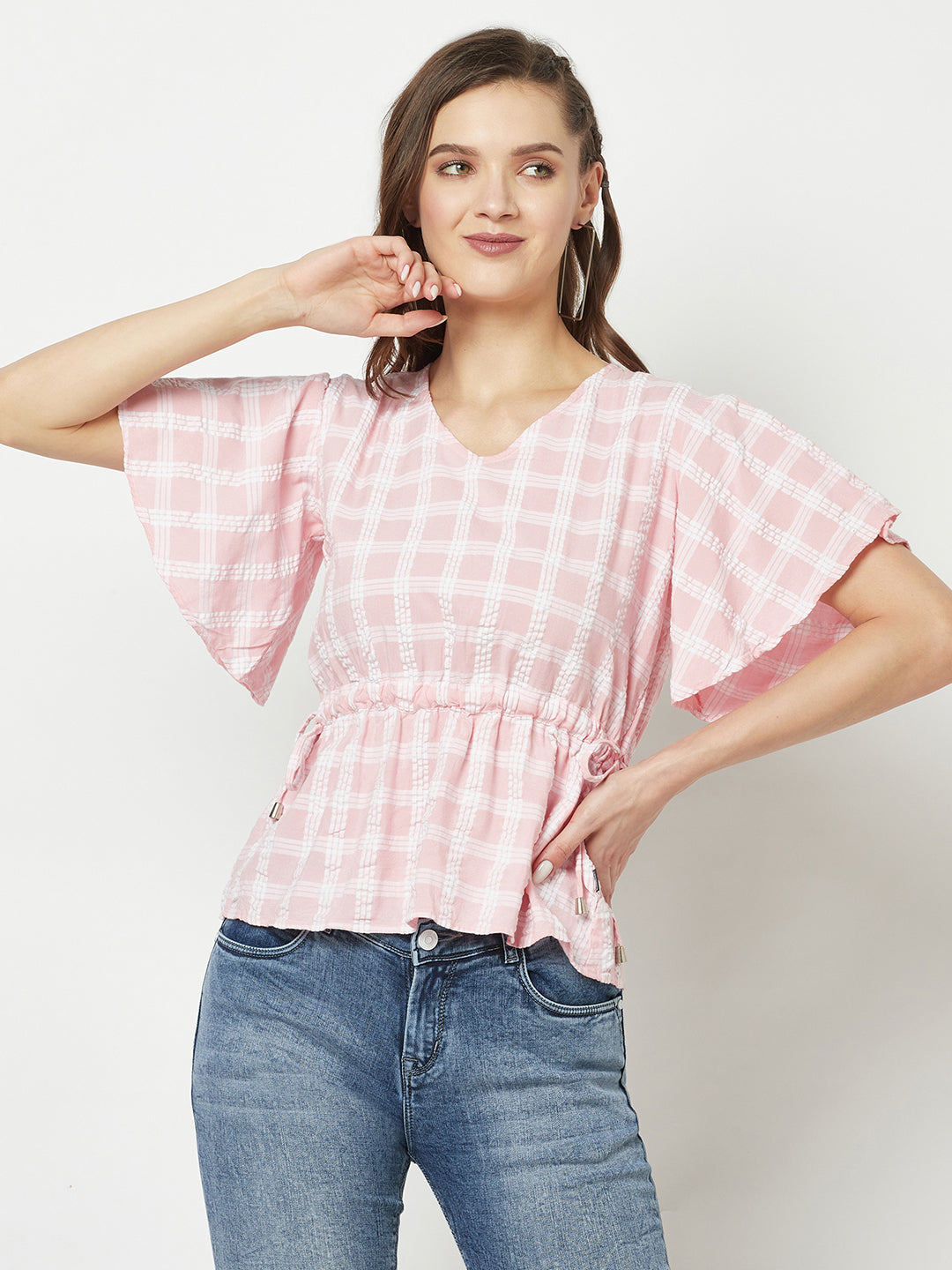 Light Pink Checked Empire Top-Women Tops-Crimsoune Club