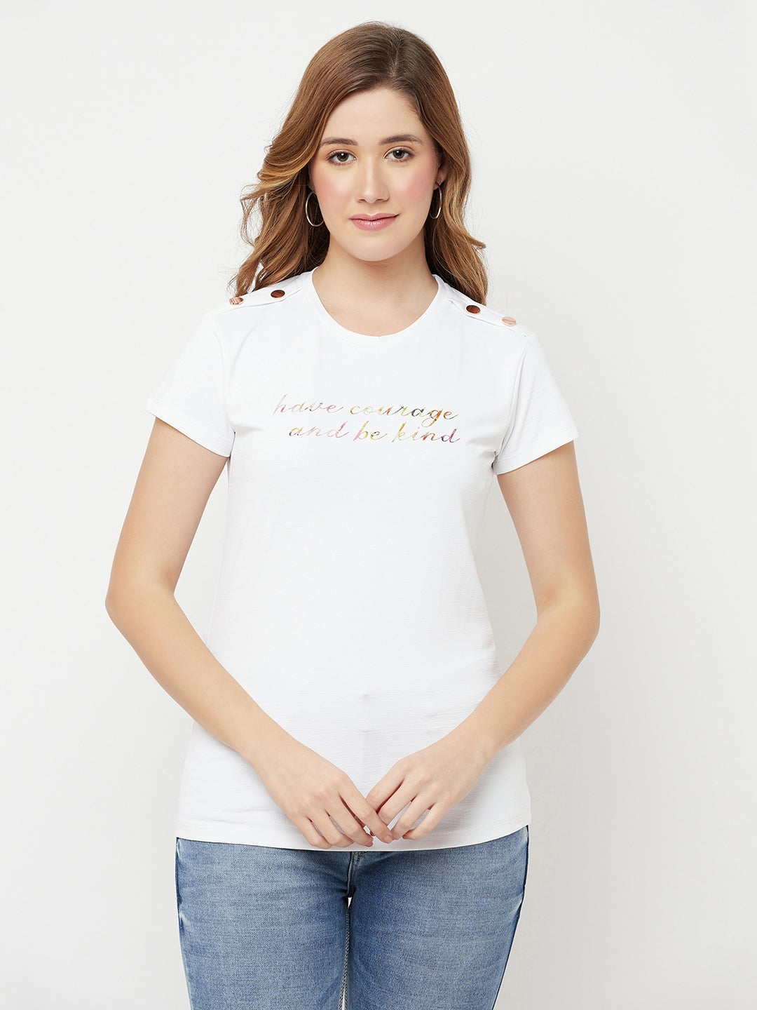 White Printed Round Neck T-Shirt - Women T-Shirts