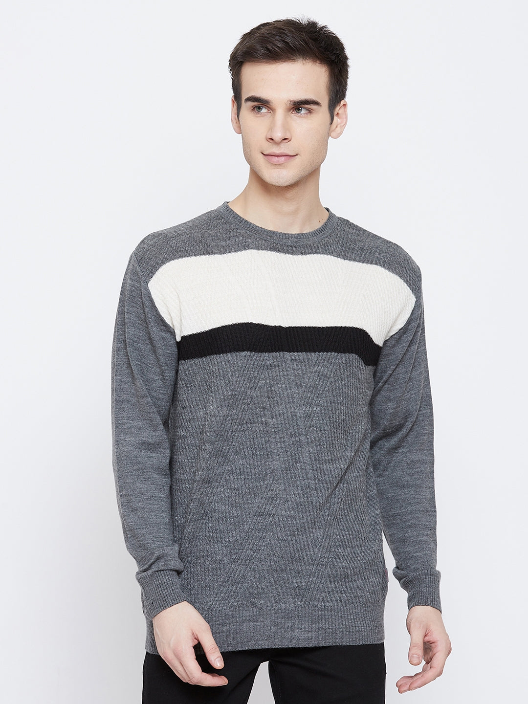 Grey Colorblocked Round Neck Sweater - Men Sweaters