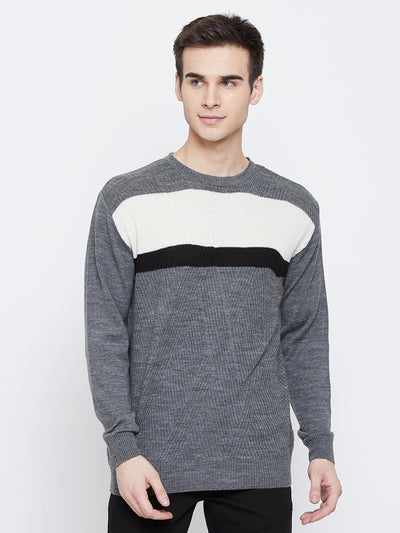 Grey Colorblocked Round Neck Sweater - Men Sweaters