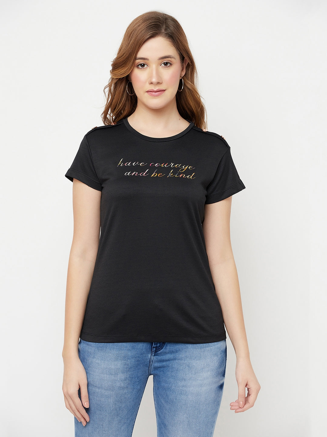 Black Printed Round Neck T-Shirt - Women T-Shirts