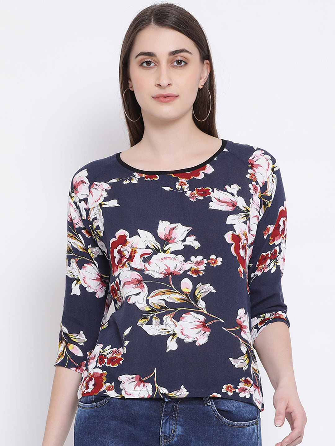 Navy Blue Floral Top - Women Tops