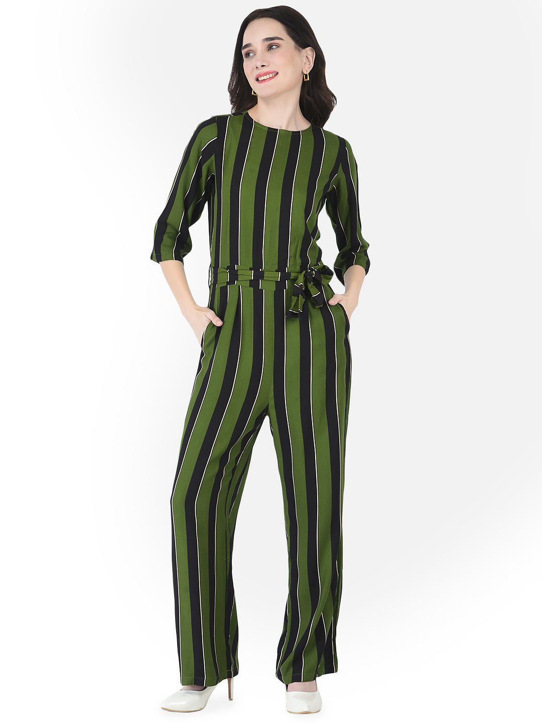 Green Striped Jumpsuit - Women Dungarees
