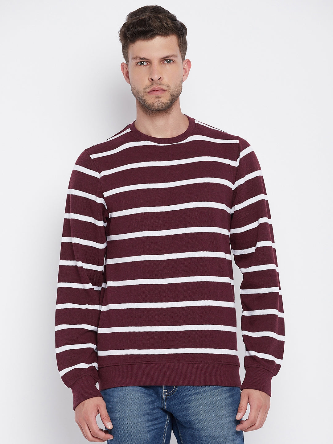 Maroon Striped Round Neck Sweatshirt - Men Sweatshirts