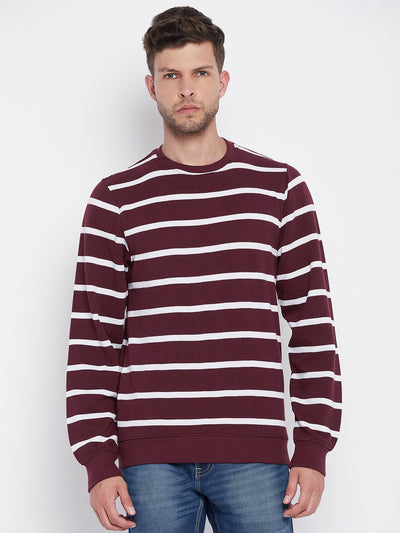Maroon Striped Round Neck Sweatshirt - Men Sweatshirts