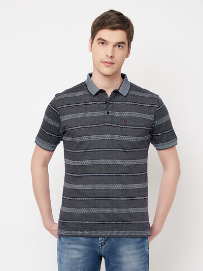 Navy Blue Striped Polo T-shirt - Men T-Shirts