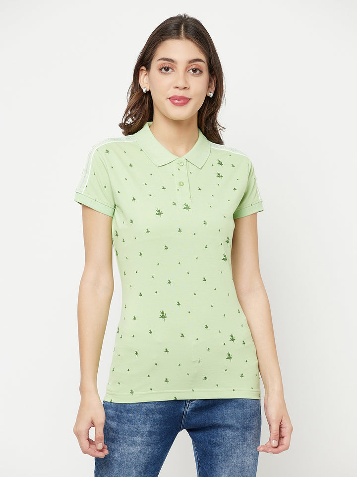 Green Floral Printed Polo Collar T-Shirt - Women T-Shirts