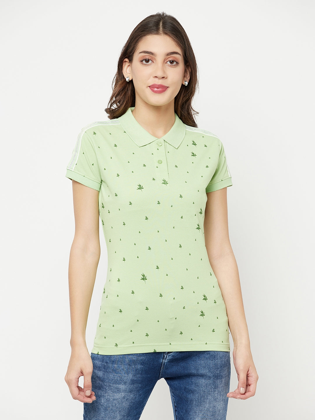 Green Floral Printed Polo Collar T-Shirt - Women T-Shirts