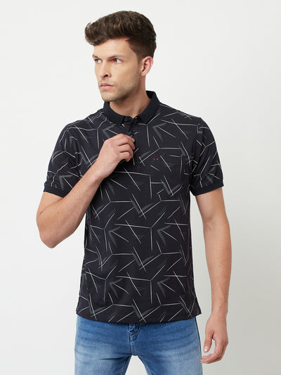 Navy Blue Printed Polo T-Shirt-Men T-Shirts-Crimsoune Club