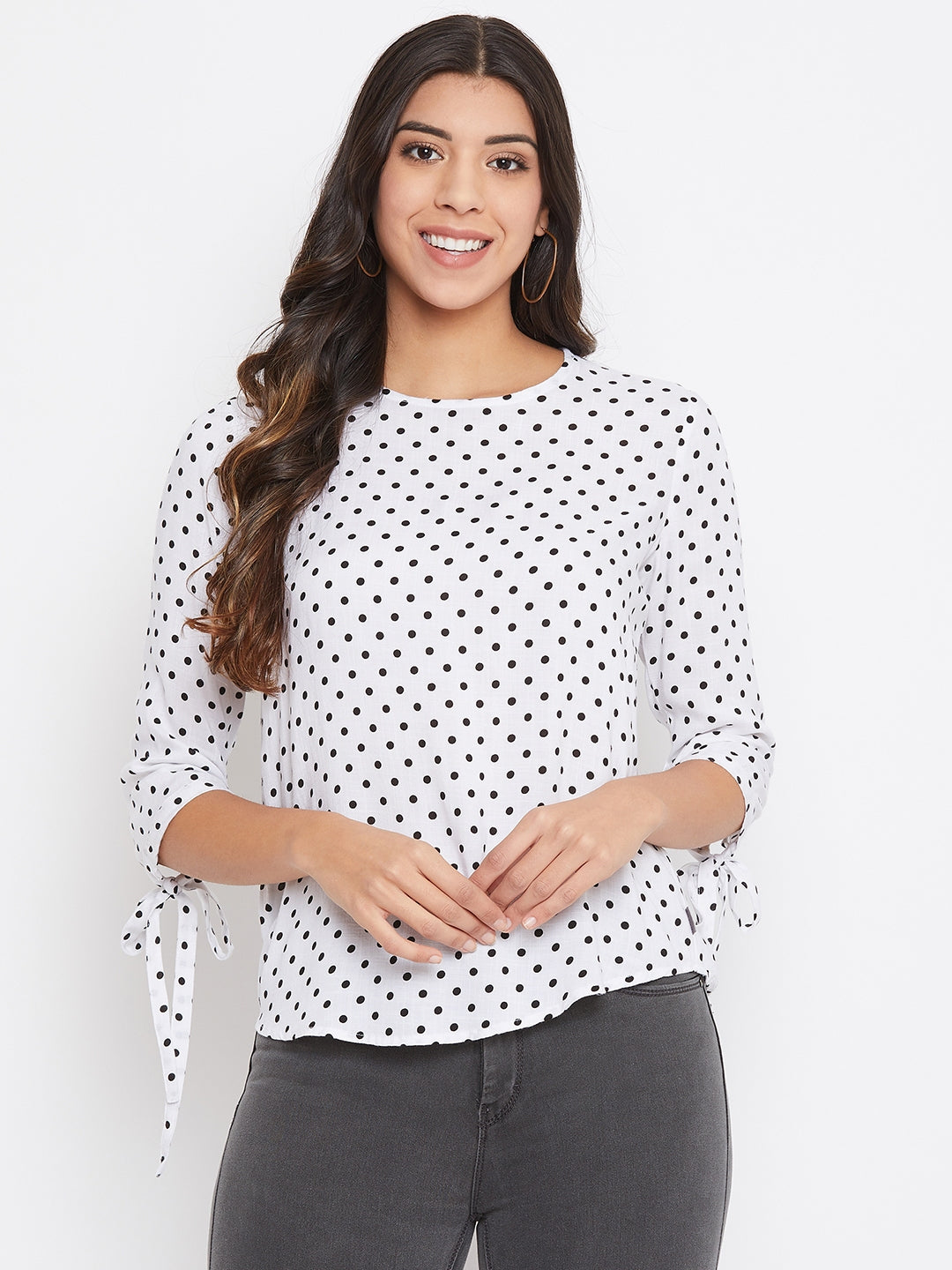 White Pokla Dots Slim Fit Top - Women Tops