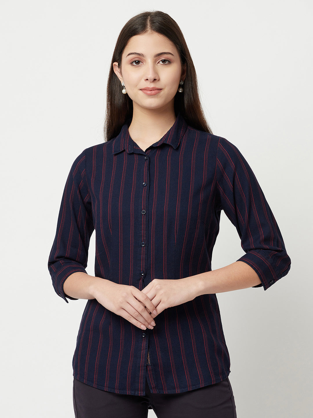 Navy Blue Striped Shirt-Women Shirts-Crimsoune Club