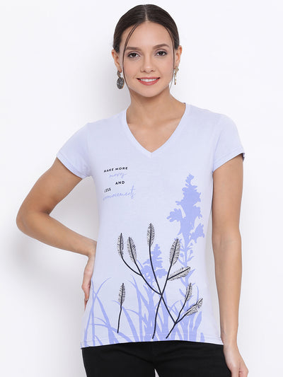 Blue Printed V-Neck T-Shirt - Women T-Shirts