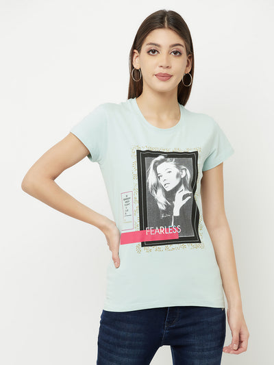 Mint Green Graphic Printed Round Neck T-Shirt - Women T-Shirts