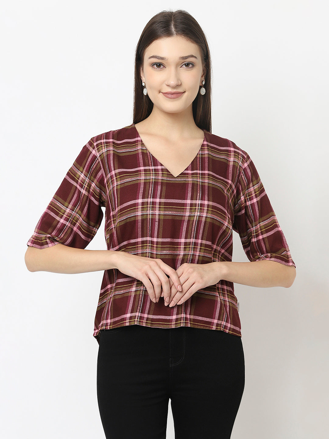 Maroon Crop Top in Tartan Checks