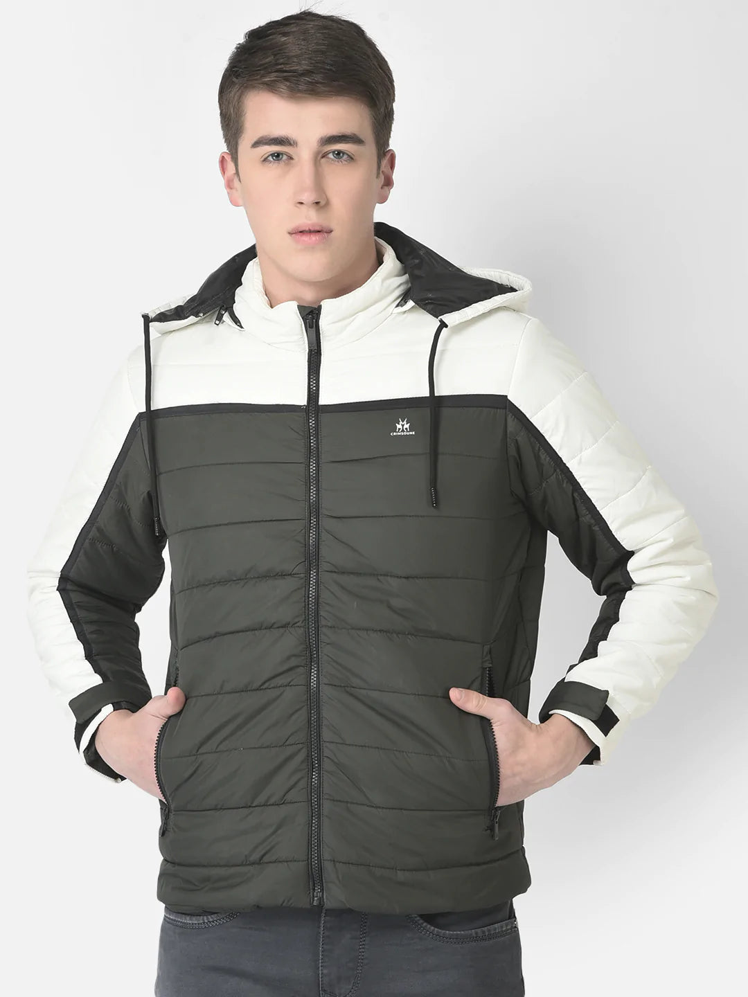  Olive Green Colour-Blocked Padded Jacket 