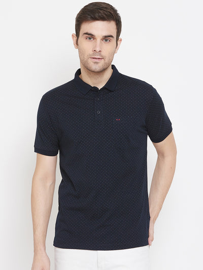 Navy Blue Printed Polo Neck T-Shirt - Men T-Shirts