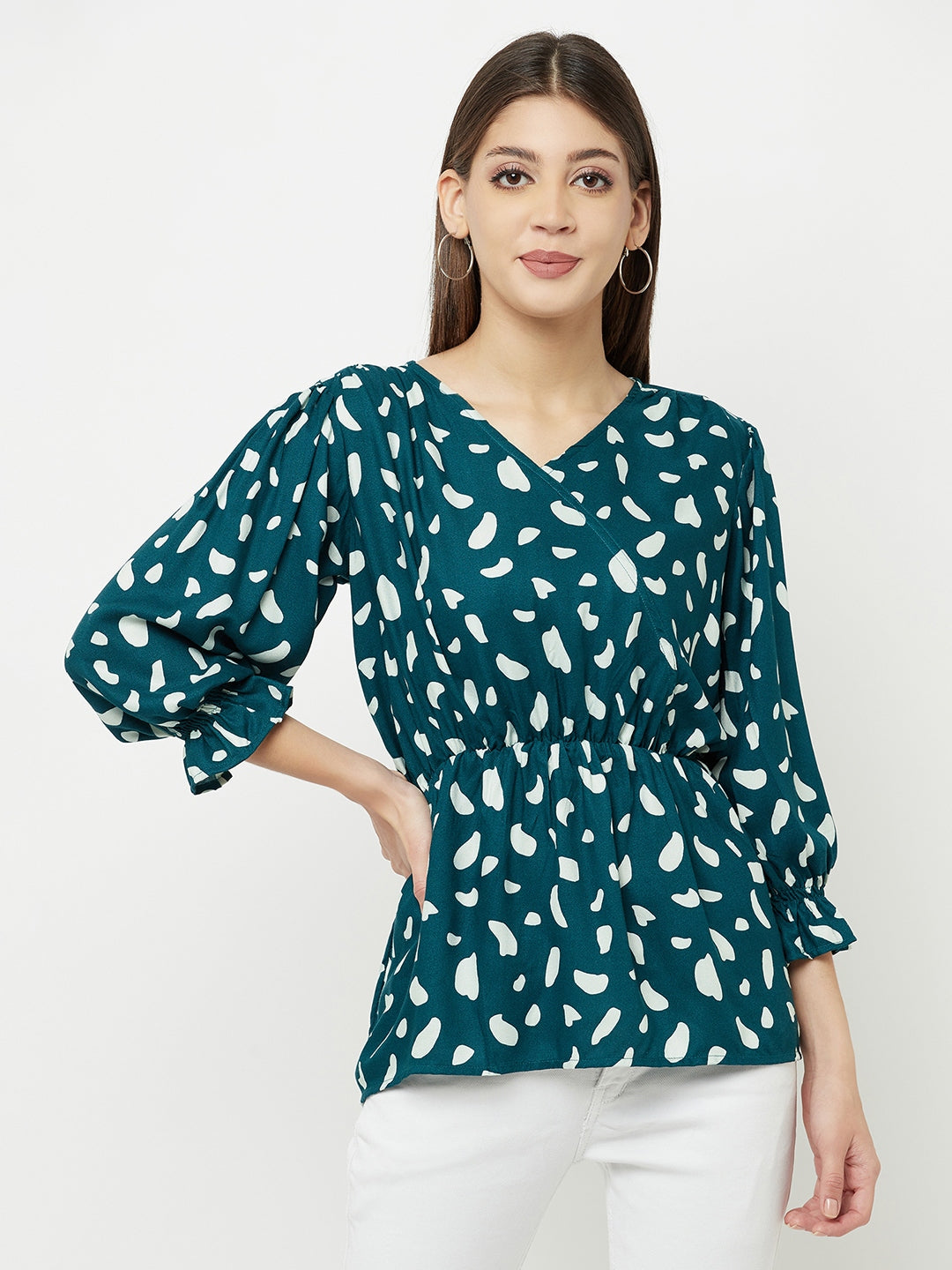 Teal Green Printed V-Neck Empire Top - Women Tops